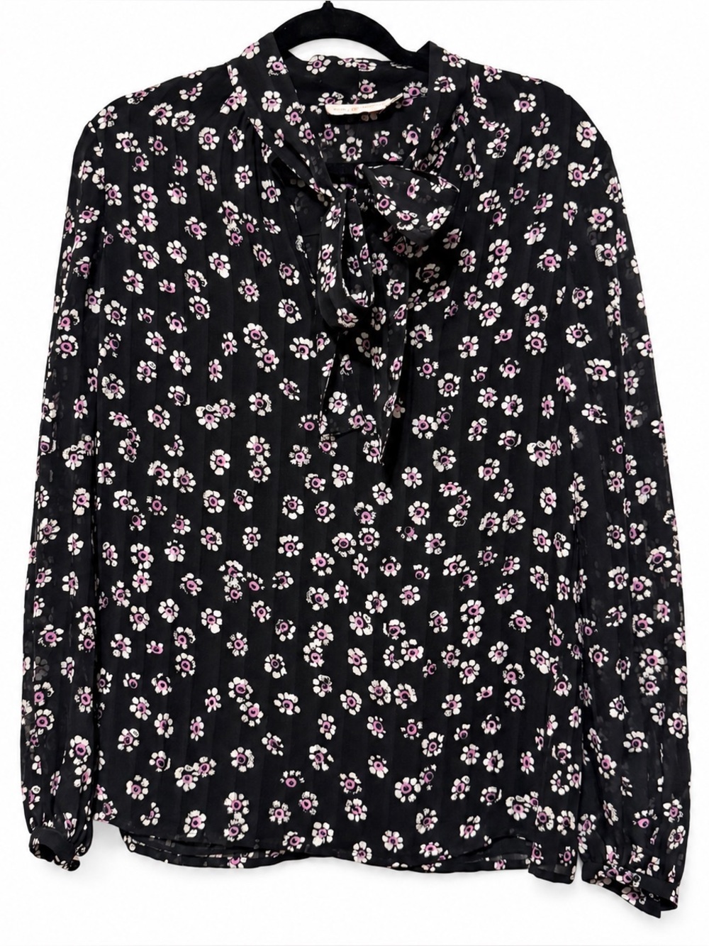 🦋 Tory Burch| Like-New Ditsy Floral Bow Blouse Black 100% Silk Tie Neck Size 8